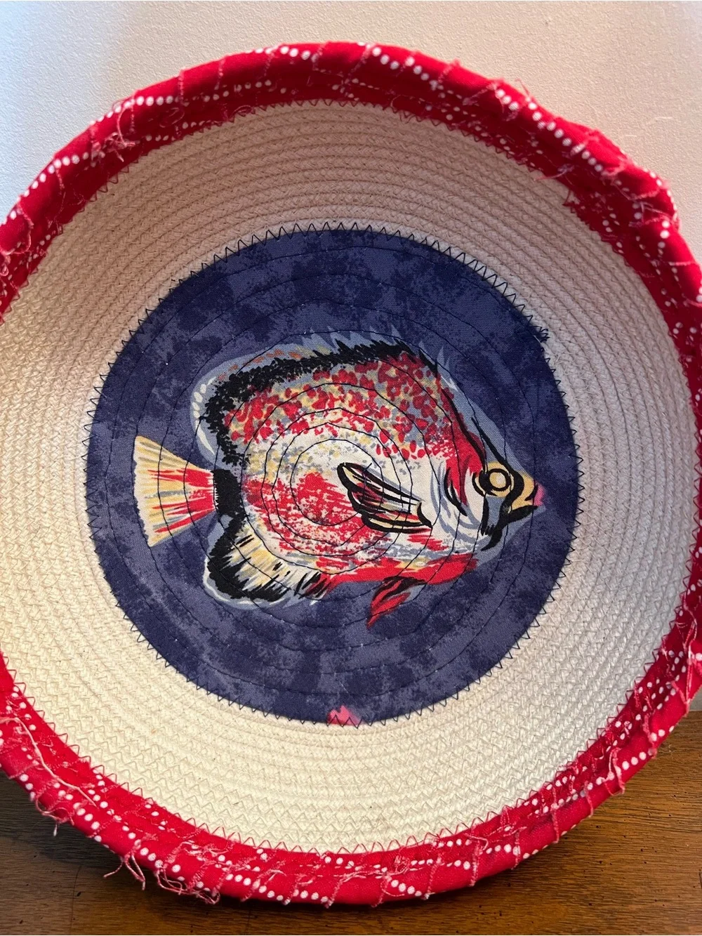 Handwoven Rope Fish Motif Bowl - Red & Navy